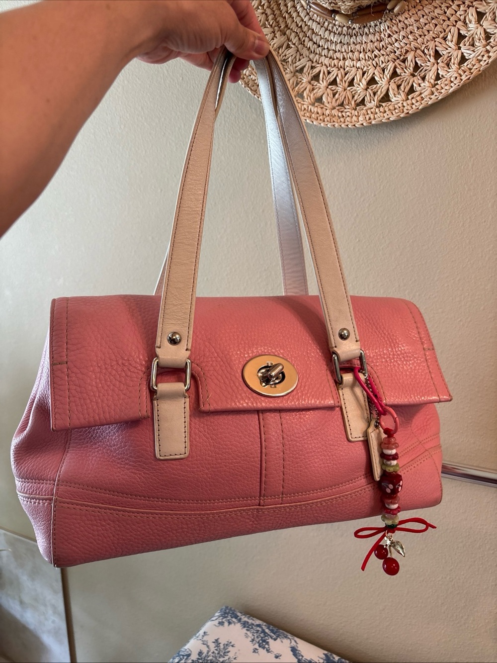 Coach Pink Leather Satchel with Ivory Straps